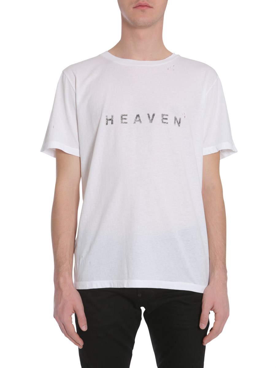 SAINT LAURENT HEAVEN PRINTED ROUND COLLAR COTTON JERSEY T SHIRT