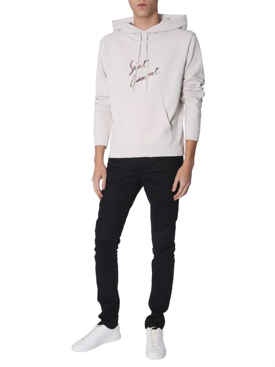 SAINT LAURENT COTTON HOODED SWEATSHIRT WITH ANIMAL LOGO PRINT