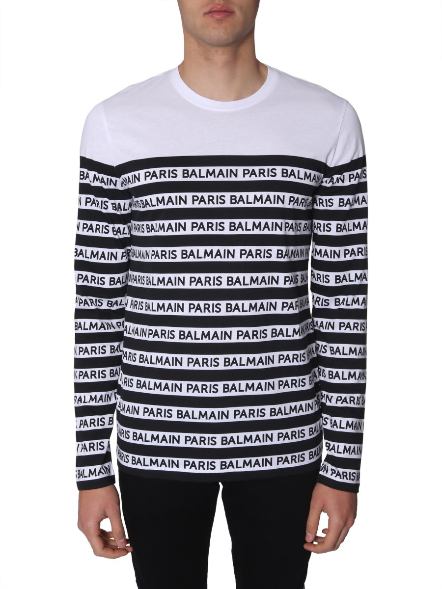 BALMAIN - STRIPED COTTON LONG SLEEVE T-SHIRT WITH LOGO - Eleonora Bonucci