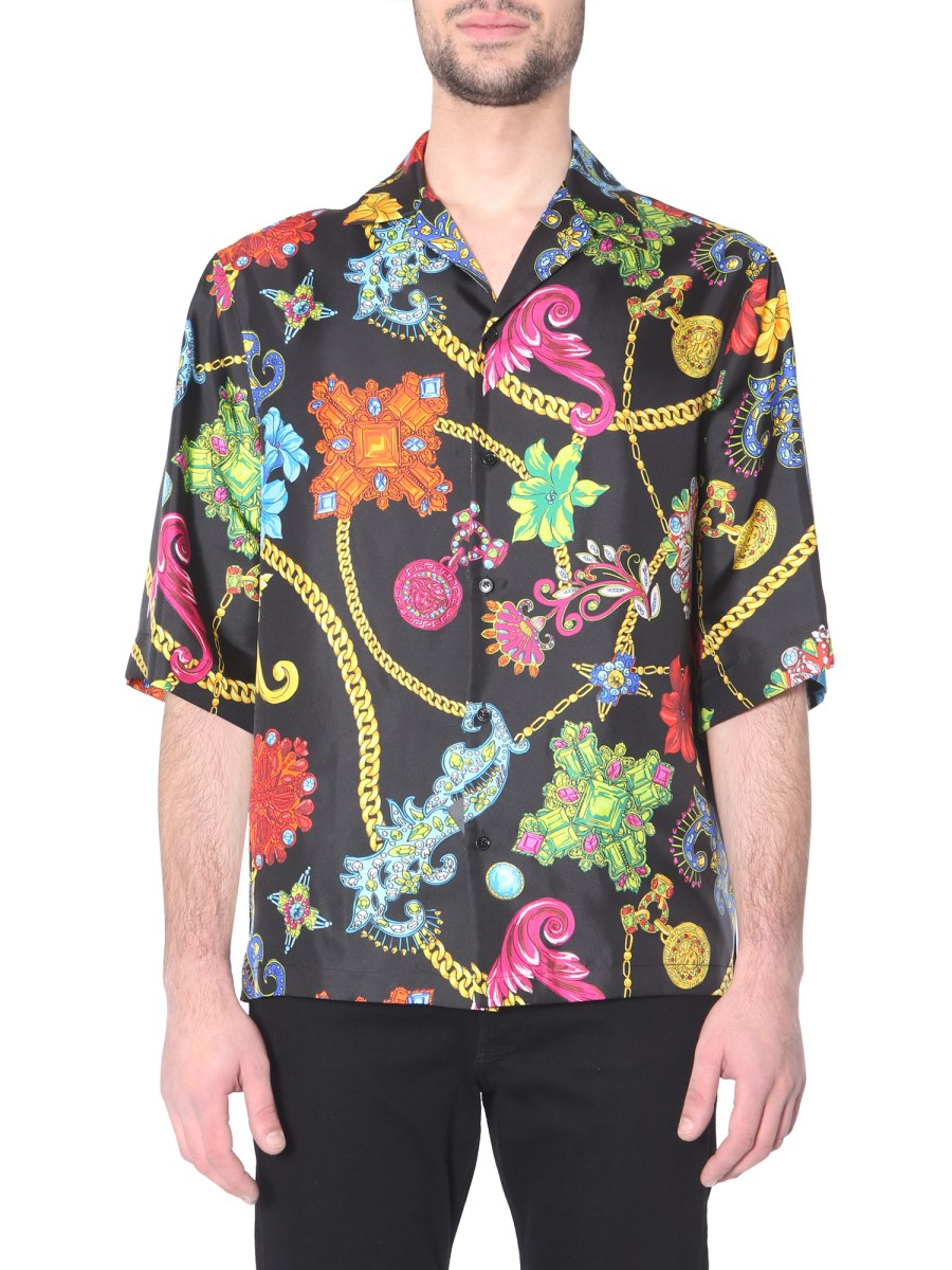 Shop Versace Printed Short-Sleeve Silk Shirt