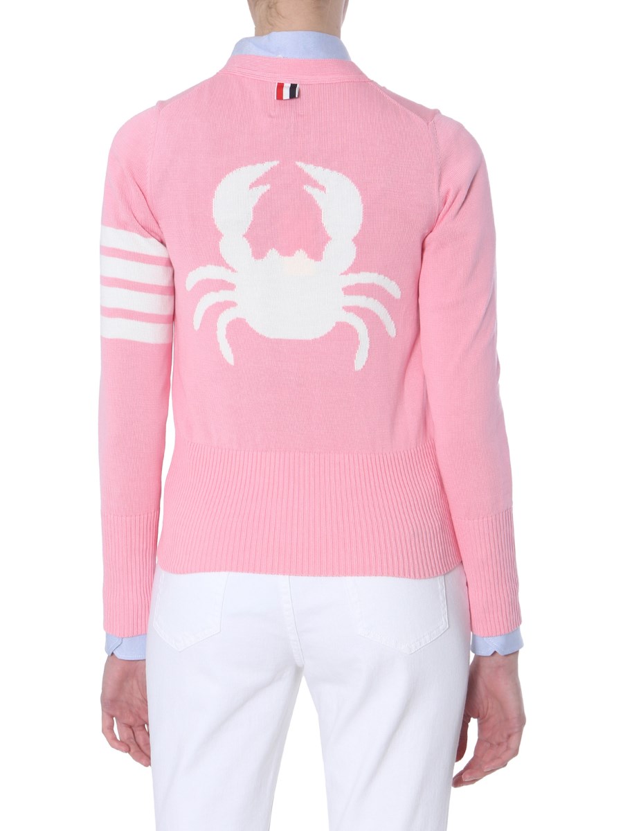THOM BROWNE - COTTON V-NECK CARDIGAN WITH ICONIC CRAB INLAY