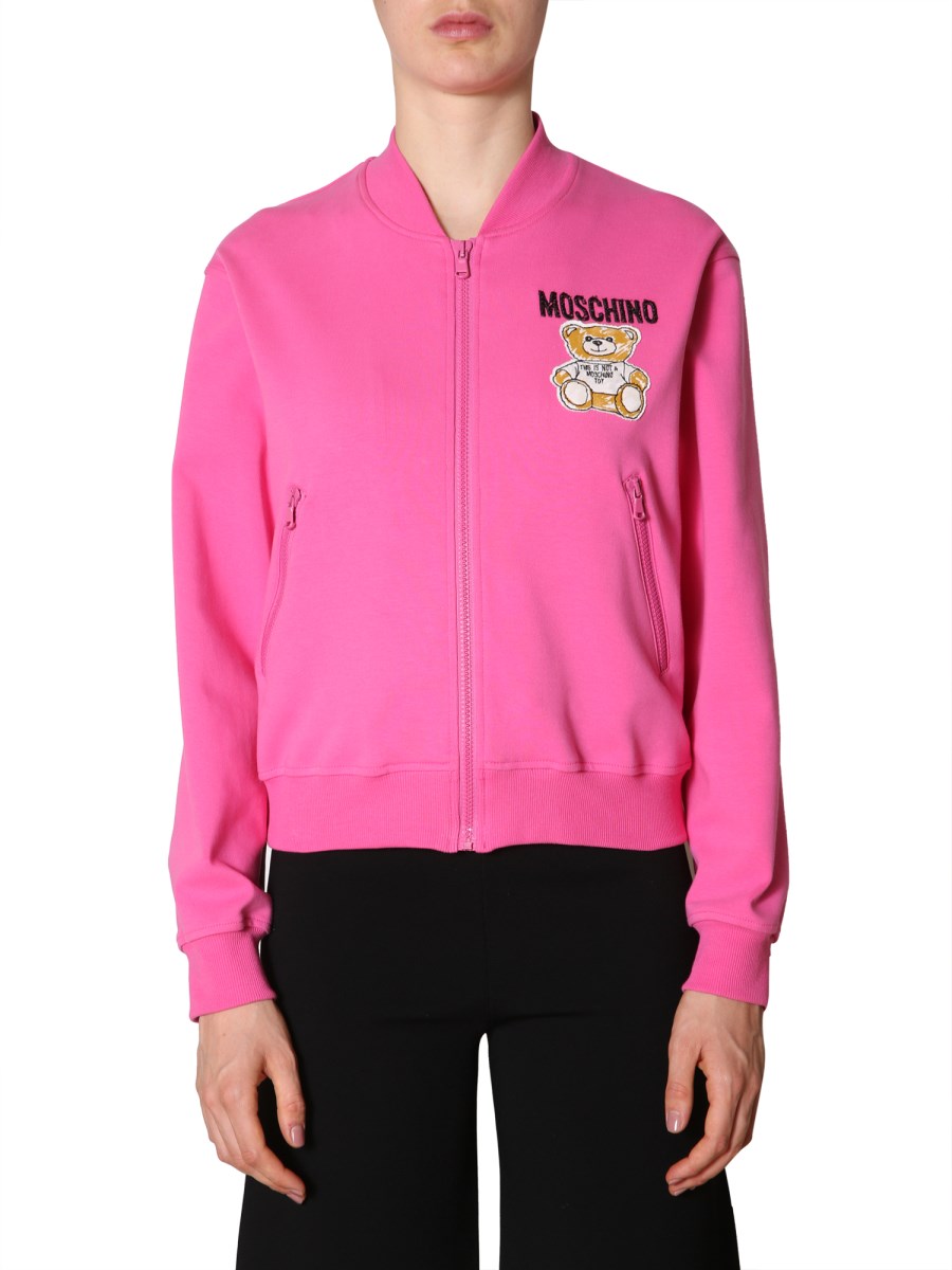 MOSCHINO BRUSHSTROKE TEDDY BEAR PATCH COTTON ZIPPED BOMBER