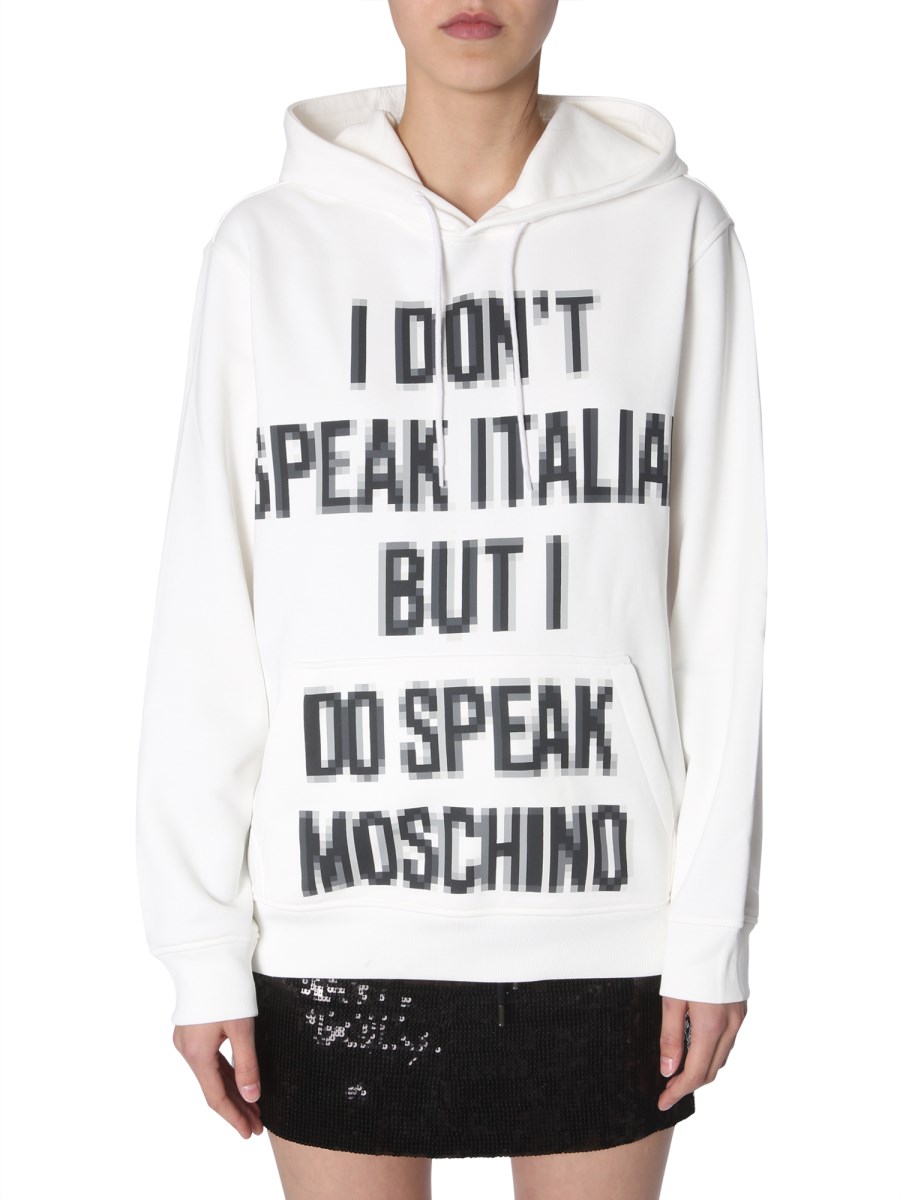 MOSCHINO COTTON HOODED SWEATSHIRT WITH SLOGAN PIXEL PRINT