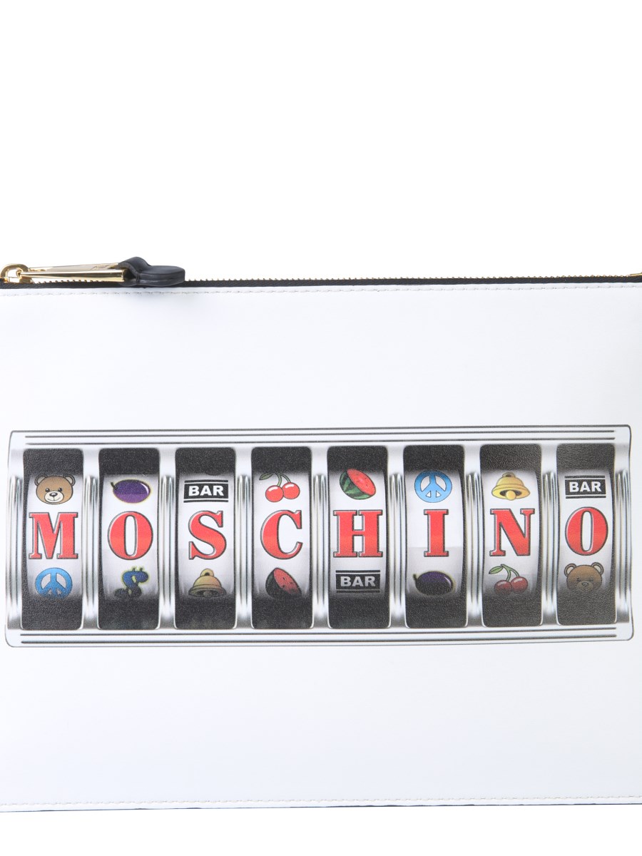 MOSCHINO CLUTCH WITH HANDLE AND SLOT MACHINE LOGO PRINT