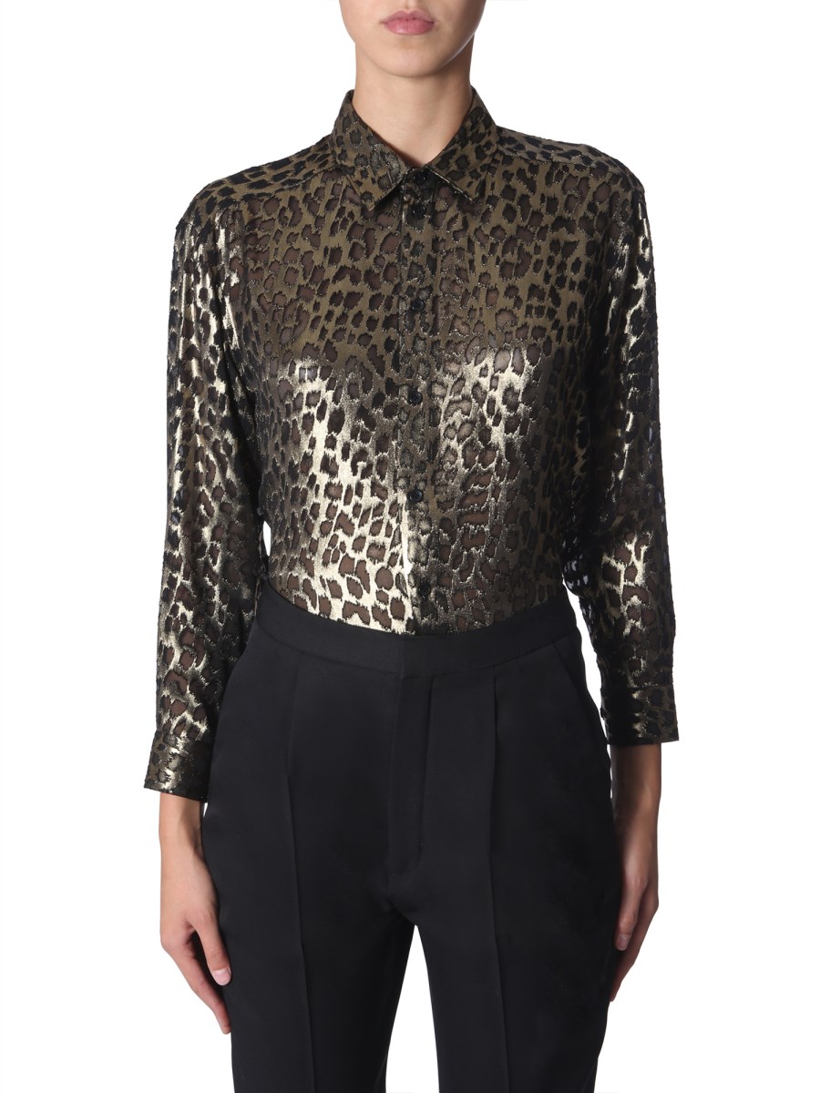 Leopard print silk shirt with classic collar