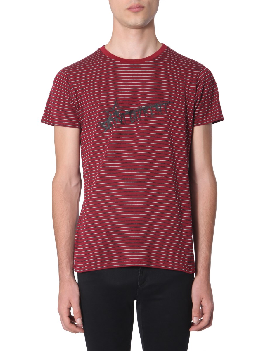 SAINT LAURENT - STRIPED COTTON ROUND NECK T-SHIRT WITH LOGO PRINT -  Eleonora Bonucci