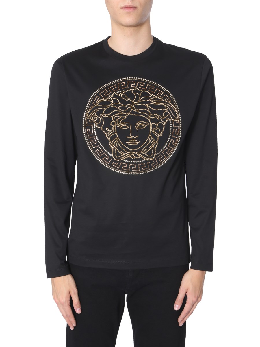 VERSACE - LONG-SLEEVED COTTON T-SHIRT WITH CRYSTAL MEDUSA LOGO