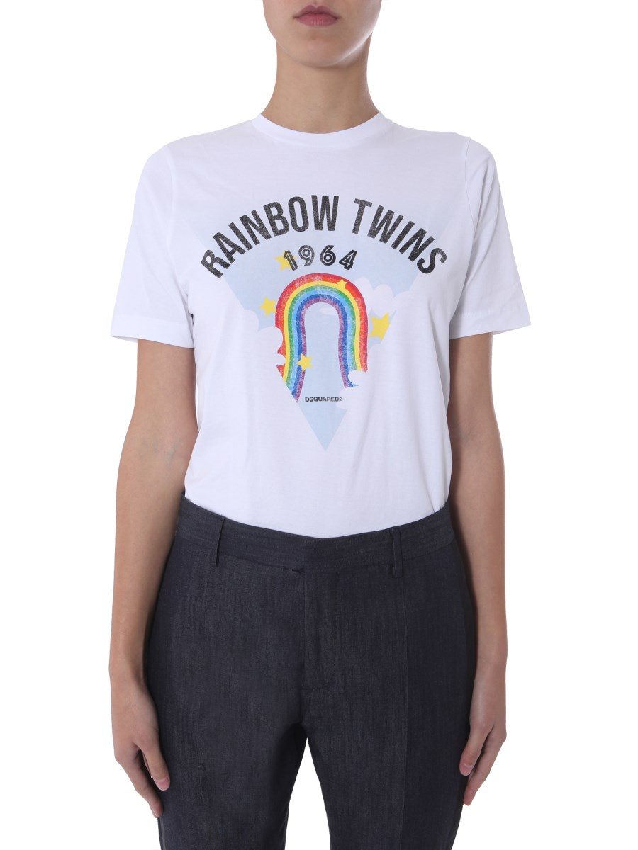 DSQUARED T-SHIRT GIROCOLLO IN COTONE CON STAMPA RAINBOW