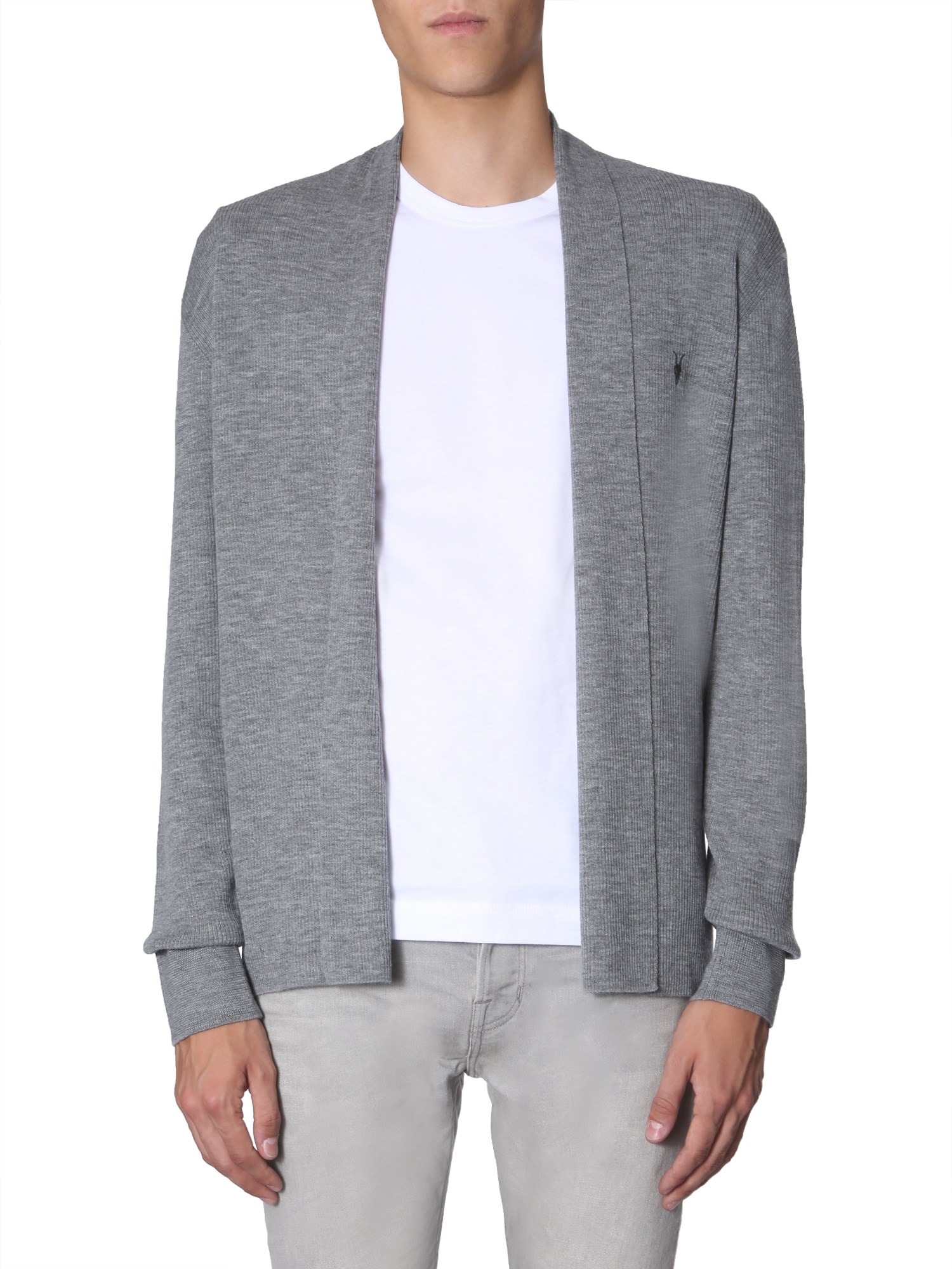 Allsaints Mens Calke Green Mode Open-front Wool Cardigan M In Grey