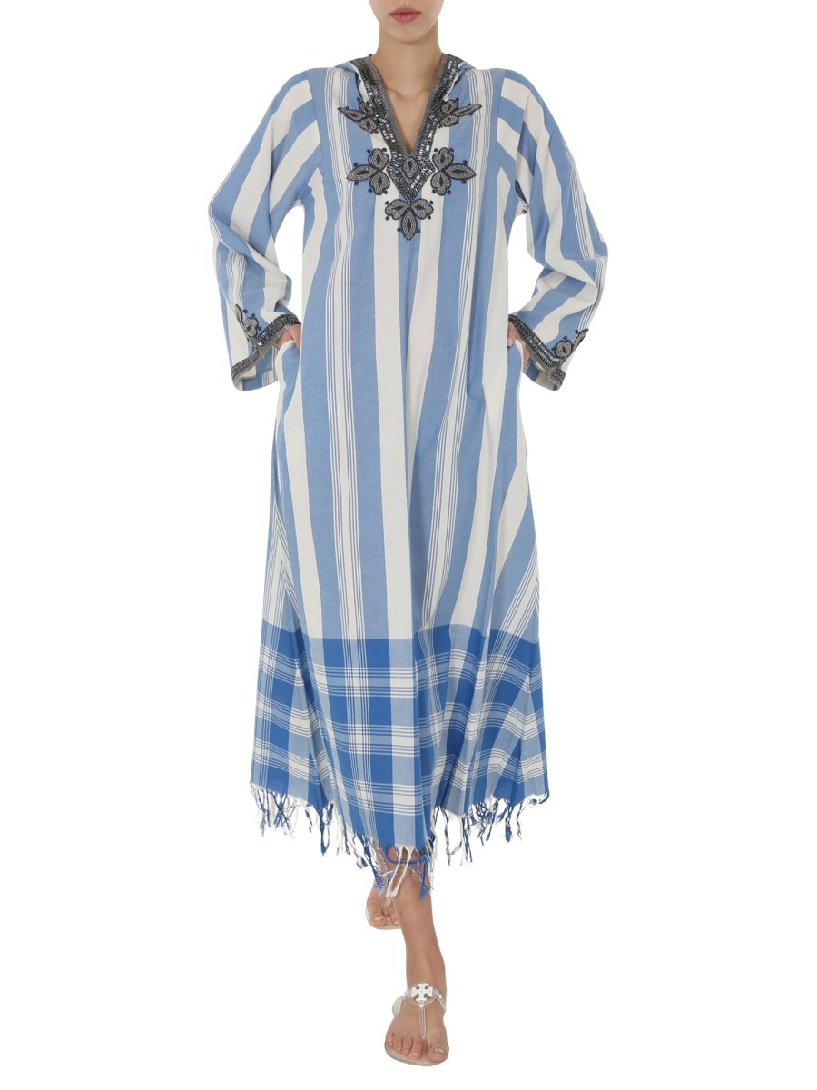 TORY BURCH - STRIPED CAFTAN DRESS WITH FRINGES AND TARTAN