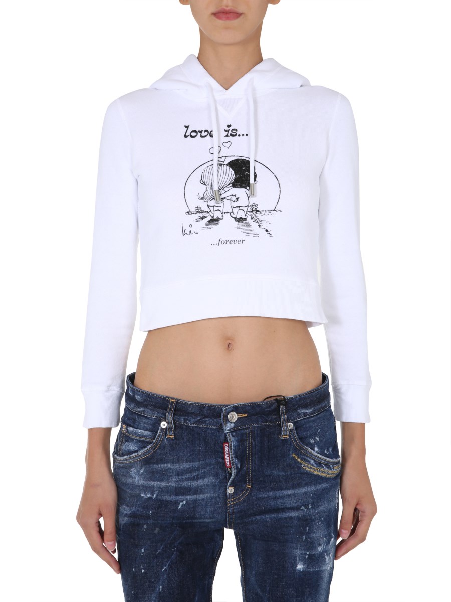 DSQUARED FELPA CROPPED CON CAPPUCCIO E STAMPA "LOVE IS THE AIR"