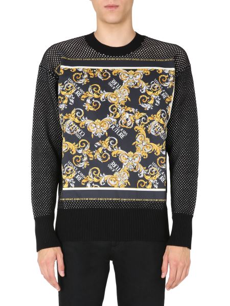 Versace Jeans Couture Mesh Crew Neck Sweater With Baroque Logo Men ...