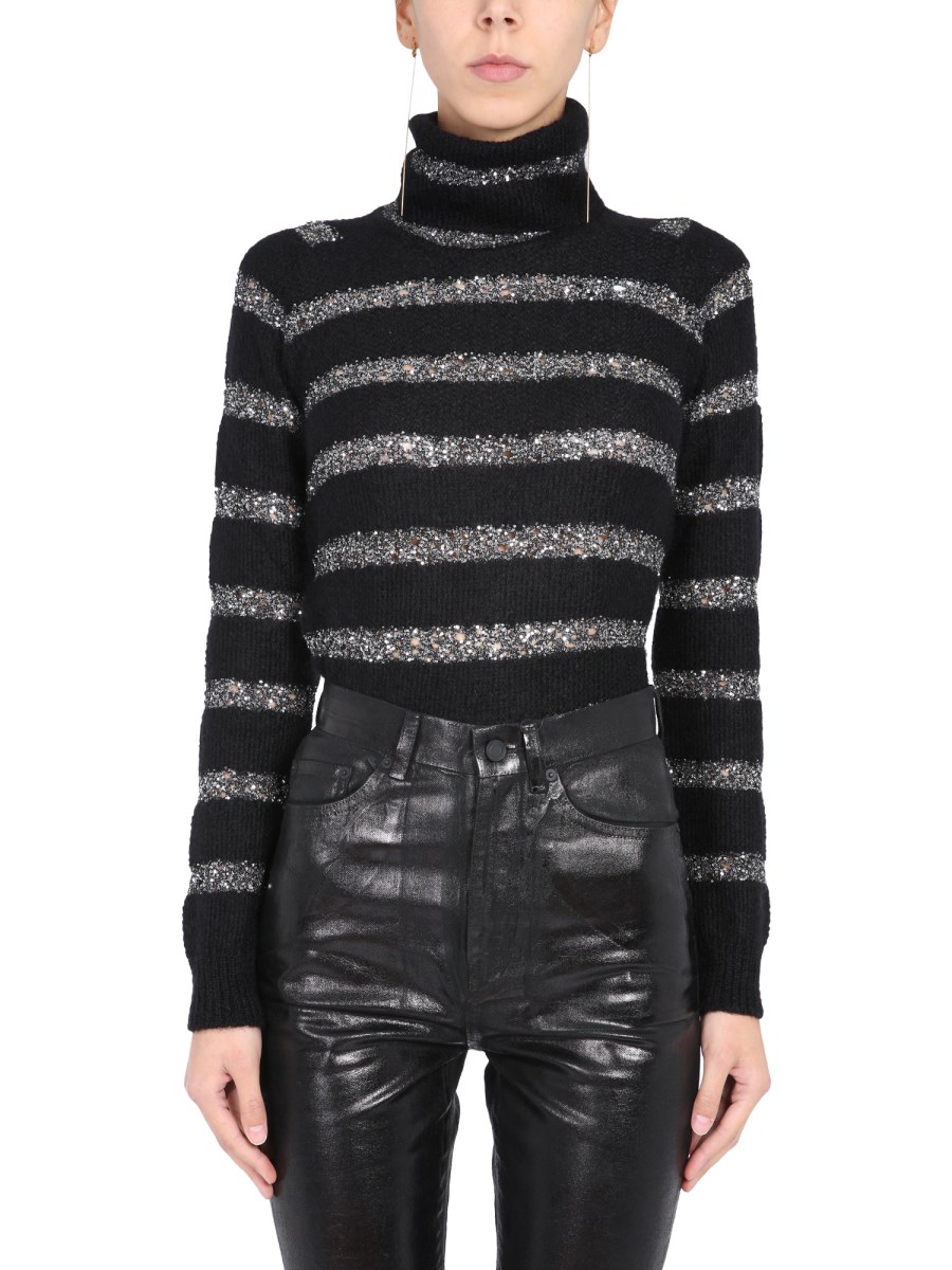 SAINT LAURENT MAGLIA A COLLO ALTO IN MOHAIR A RIGHE CON PAILLETTES