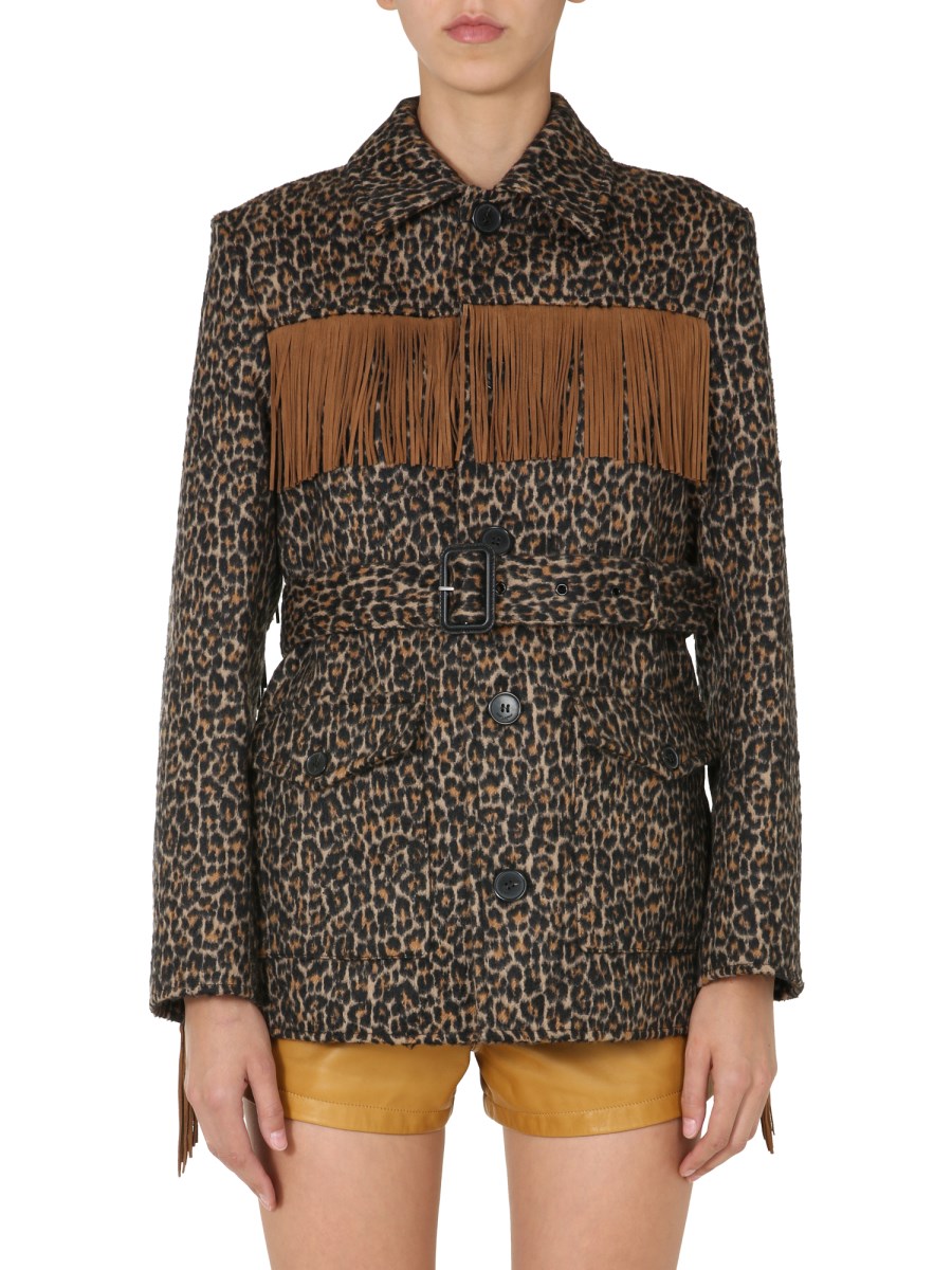 SAINT LAURENT GIACCA CON FRANGE E STAMPA LEOPARDATA IN LANA E FELTRO DI ALPACA