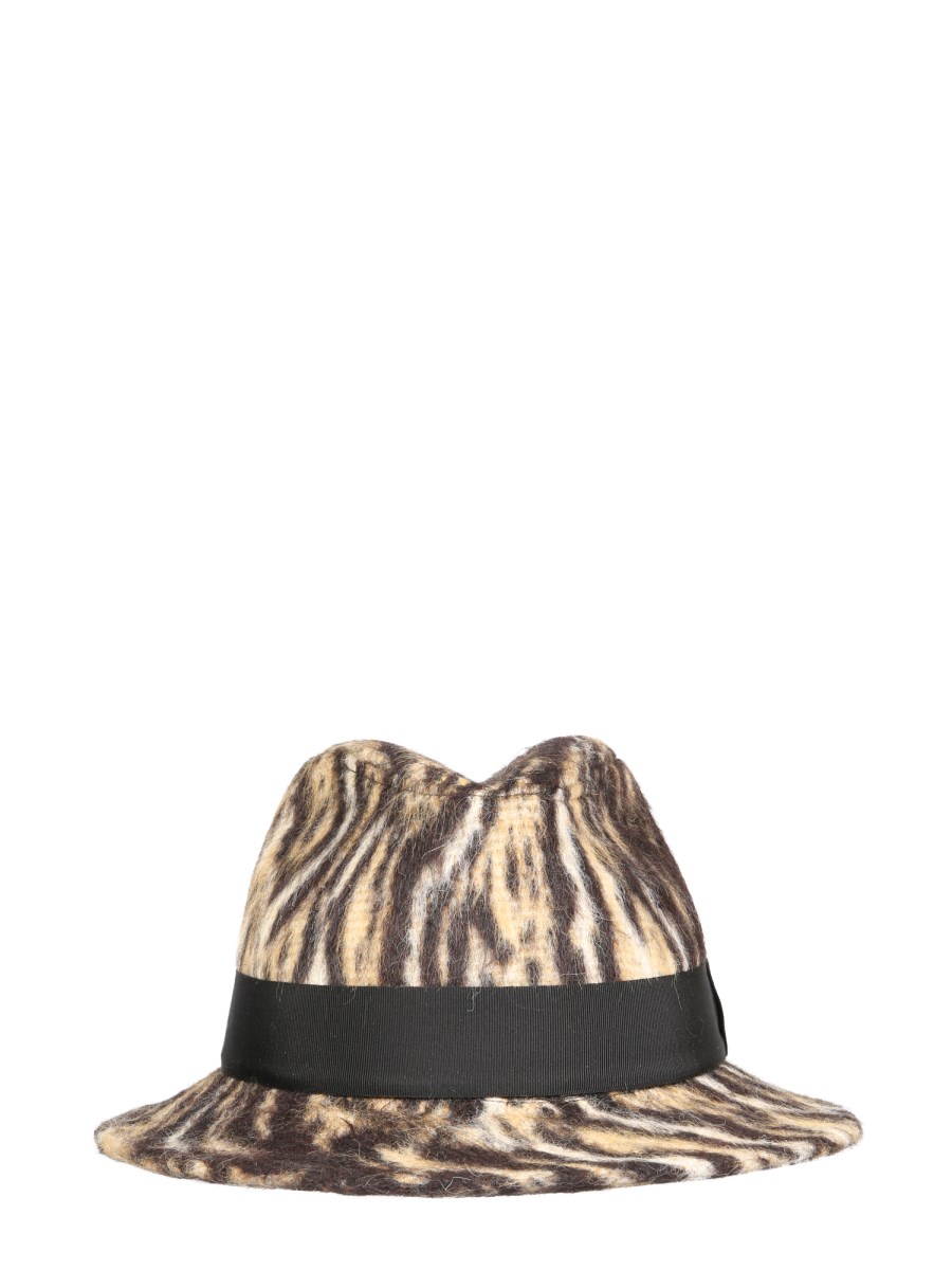 SAINT LAURENT CAPPELLO A TESA LARGA CON STAMPA LEOPARDATA IN LANA PETTINATA E FELTRO DI ALPACA