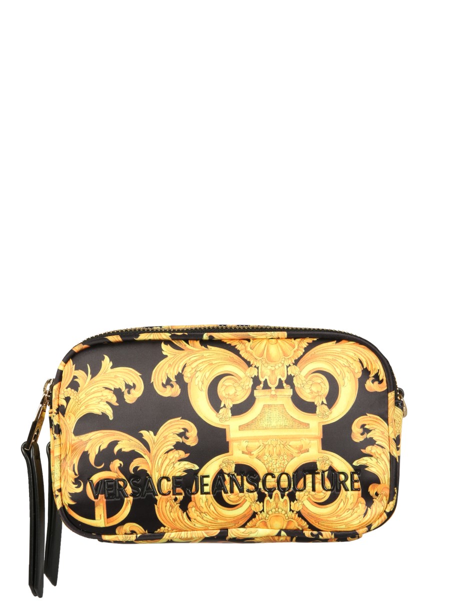 VERSACE JEANS COUTURE CROSSBODY BAG IN BLACK NYLON WITH GOLD STUDS AND  CHAIN ​​SHOULDER STRAP 73VA4BFGZS439: Handbags