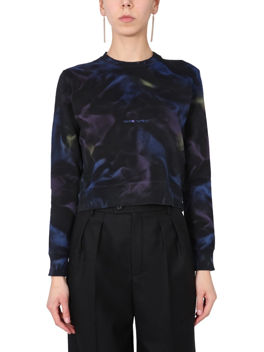 SAINT LAURENT CREW NECK COTTON SWEATSHIRT WITH LOGO AND TIE DYE PRINT Eleonora Bonucci