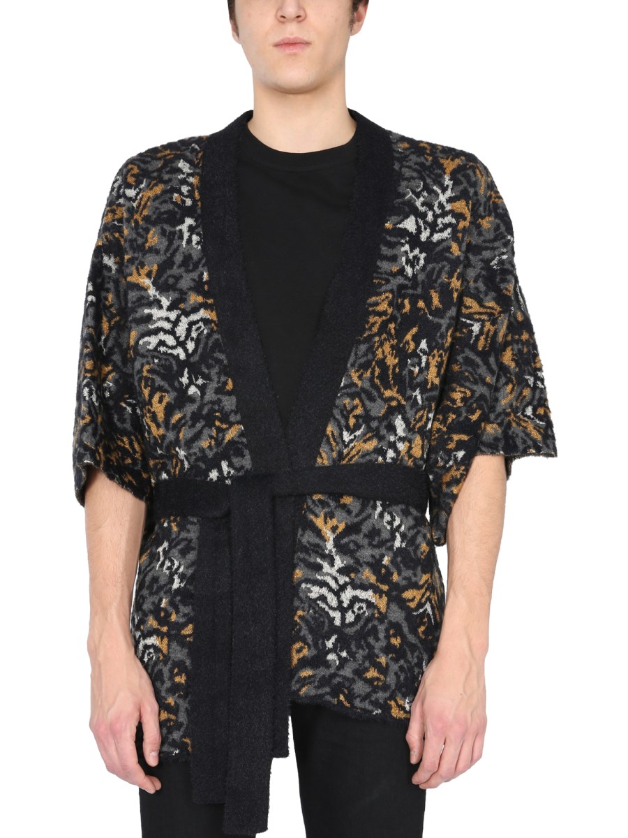 SAINT LAURENT KIMONO LAVORATO IN MAGLIA JACQUARD CON MOTIVO TIGRE ASTRATTA