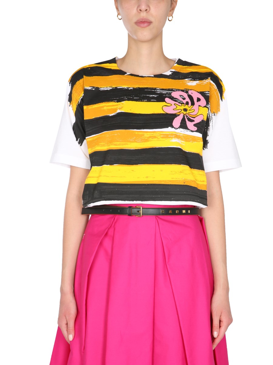 MARNI - COTTON T-SHIRT WITH STRIPED PATTERN AND FLOWER PRINT