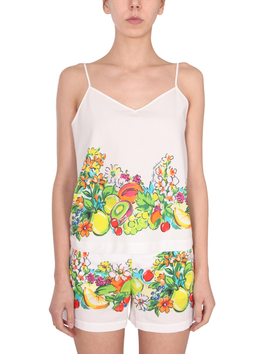 BOUTIQUE MOSCHINO TOP IN POPELINE DI COTONE CON STAMPA FIORI E FRUTTA