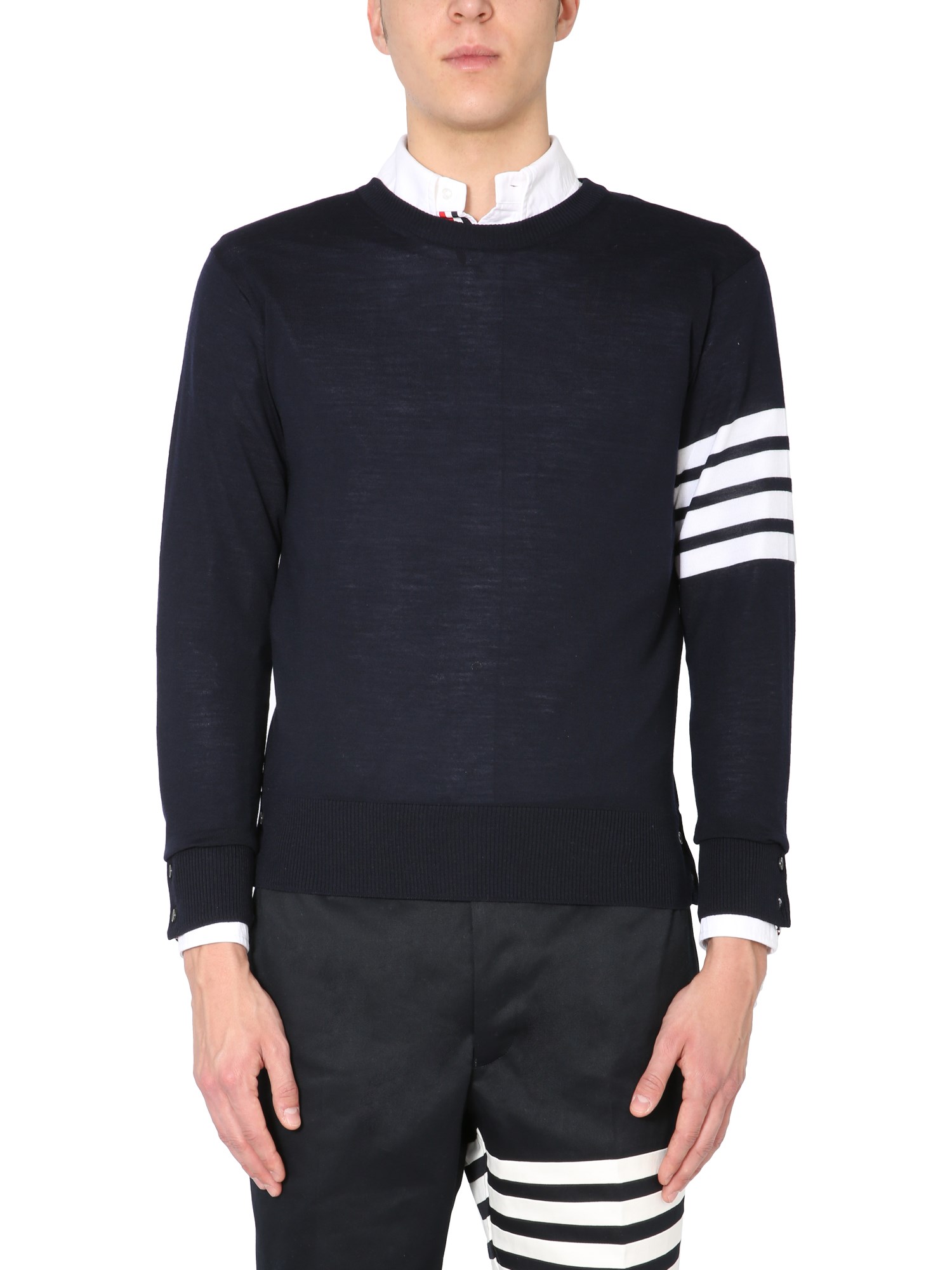 Thom Browne Wool Sweater With Inlaid 4-bar Stripses Pattern In Blue