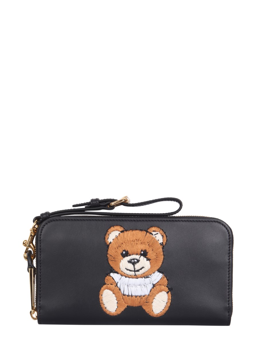 MOSCHINO - LEATHER WALLET WITH TEDDY BEAR EMBROIDERED AND ZIP