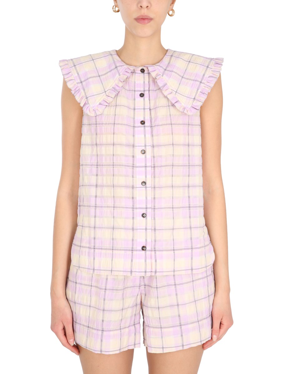 GANNI SLEEVELESS SEERSUCKER CHECKED SHIRT WITH PETER PAN COLLAR Eleonora Bonucci