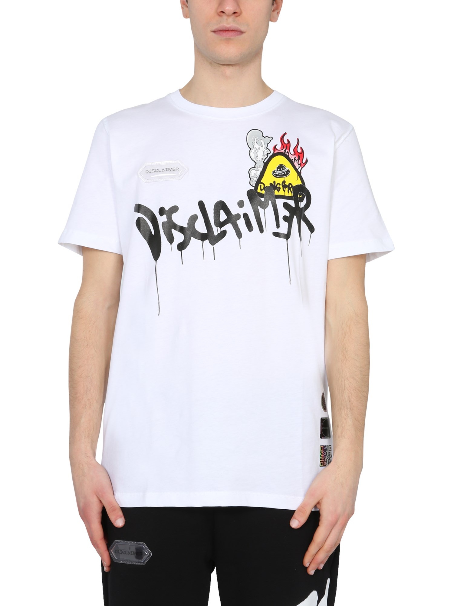 disclaimer t-shirt with screen print and holograms