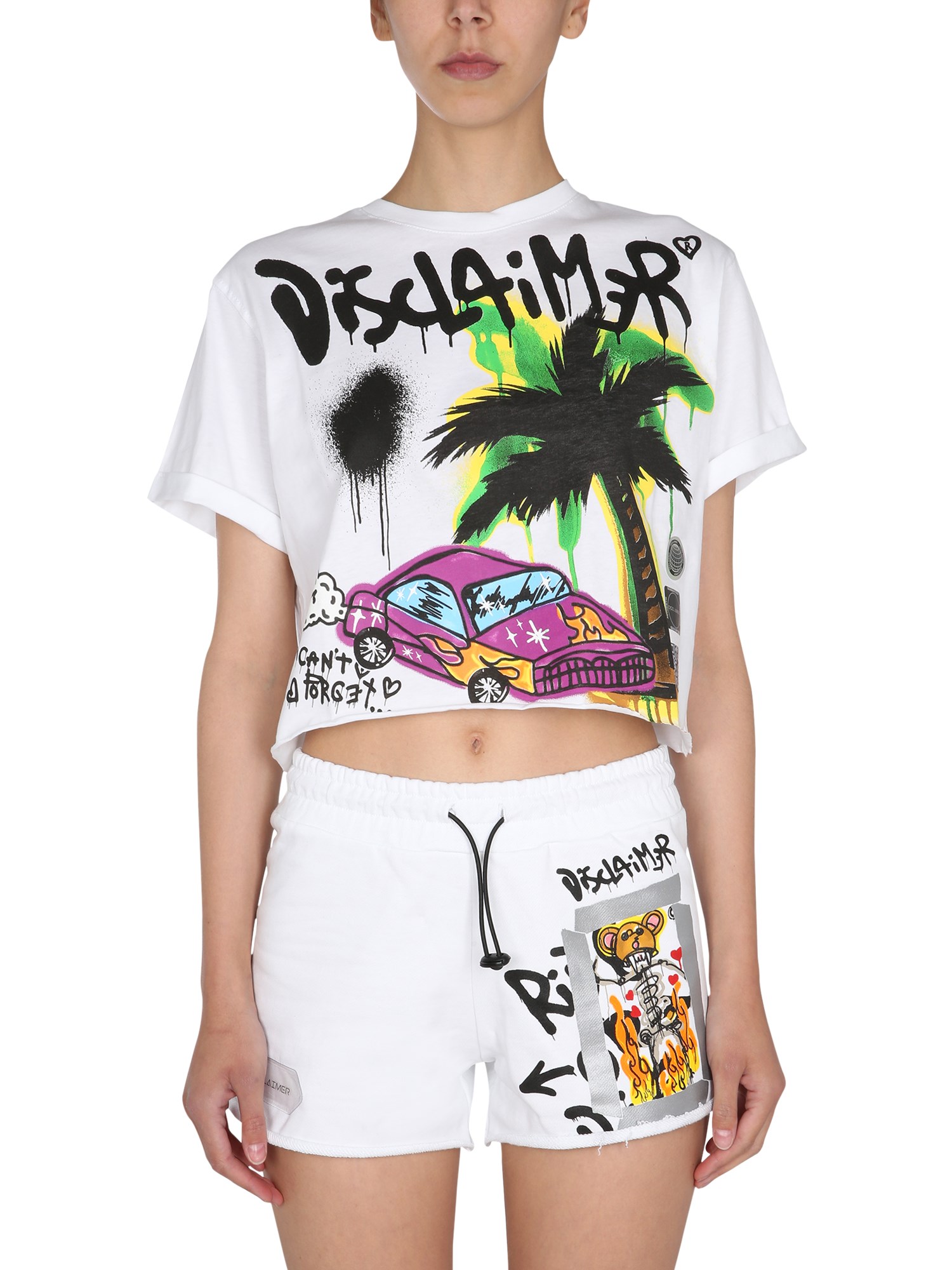 disclaimer cropped t-shirt with screen print