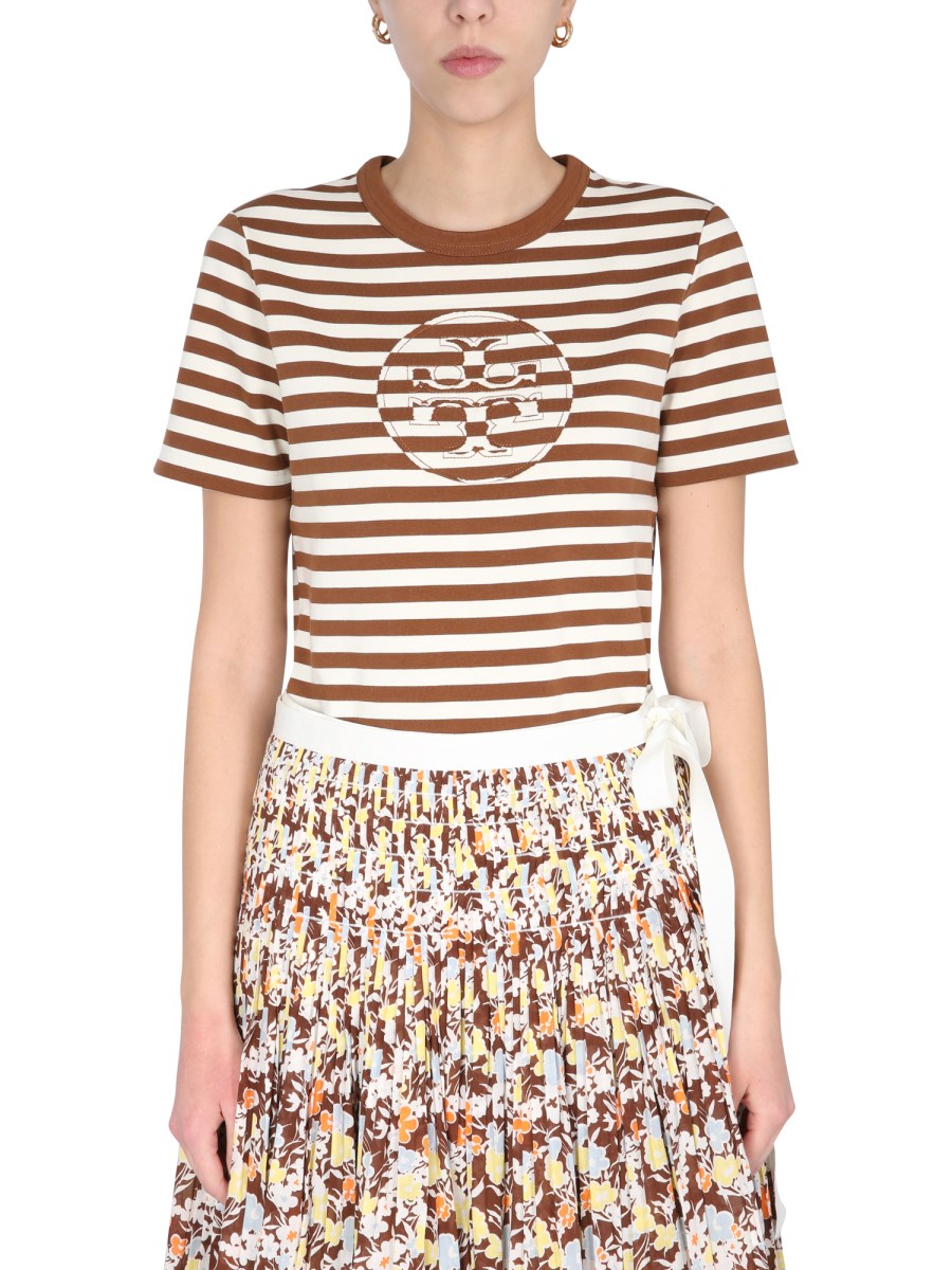 TORY BURCH CREW NECK COTTON T SHIRT WITH STRIPED PATTERN AND LOGO Eleonora Bonucci