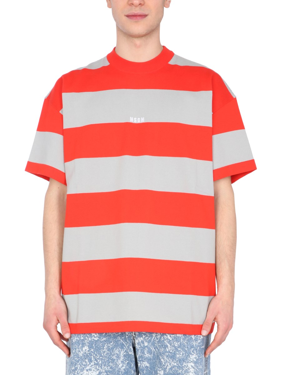 MSGM T-SHIRT IN COTONE CON MOTIVO A RIGHE BICOLOR E RICAMO