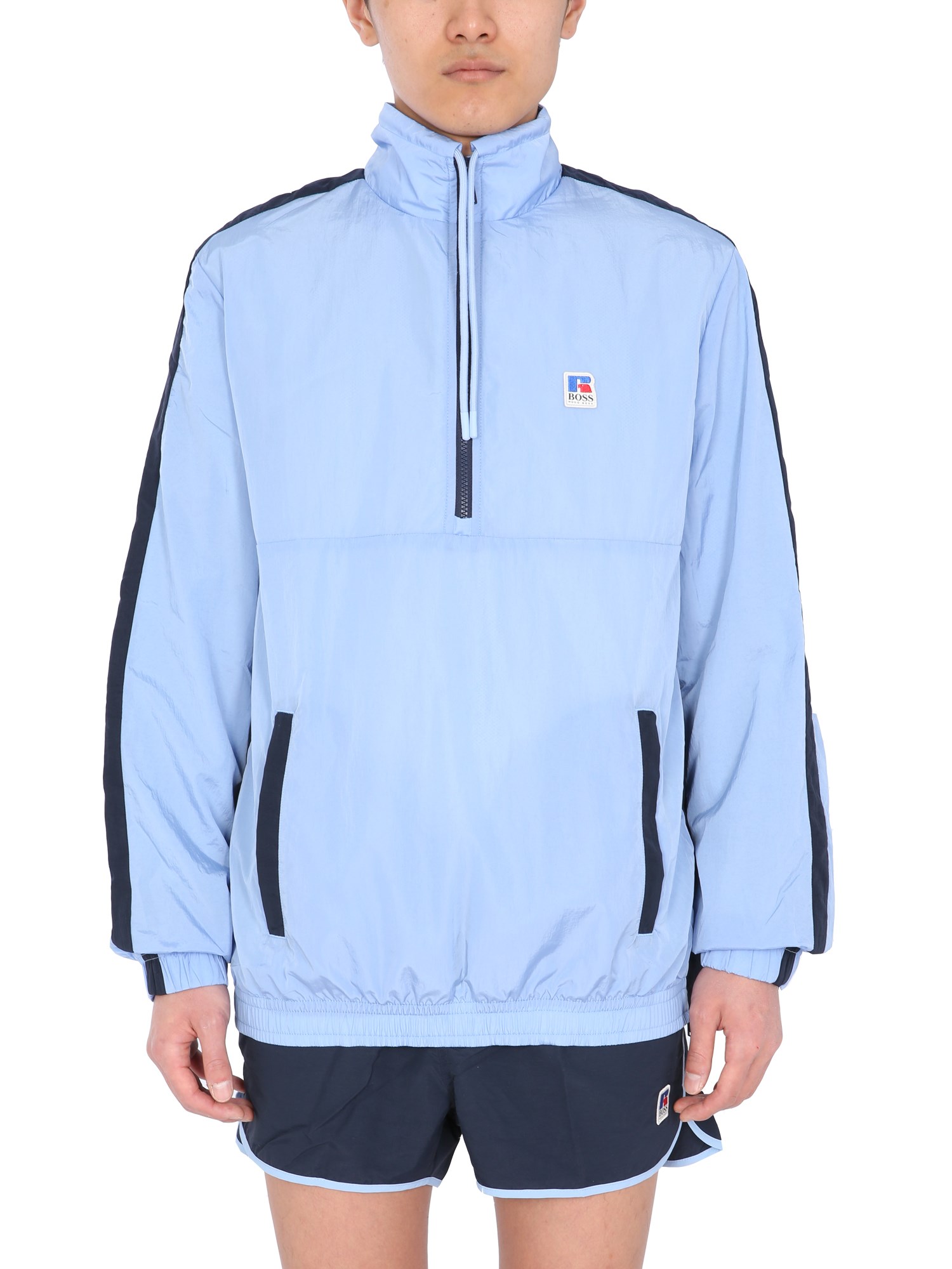 boss boss x russell athletic logo zip-up collar sweatshirt