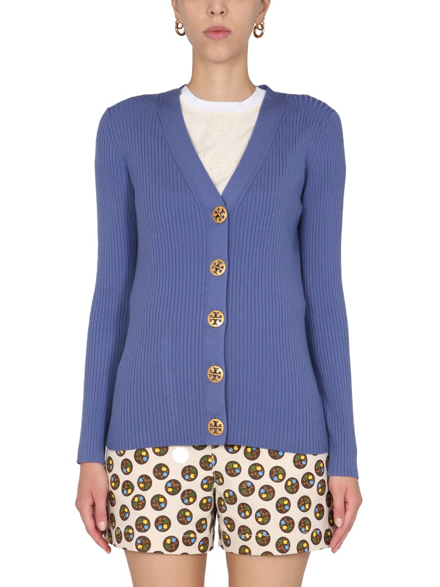 TORY BURCH - MIXED WOOL SIMONE CARDIGAN WITH LOGO BUTTONS - Eleonora Bonucci