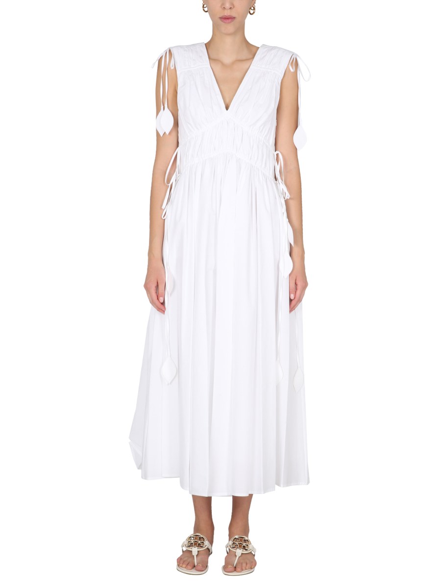 TORY BURCH - COTTON POPLIN SLEEVELESS DRESS WITH SMOCK STITCH DETAIL -  Eleonora Bonucci