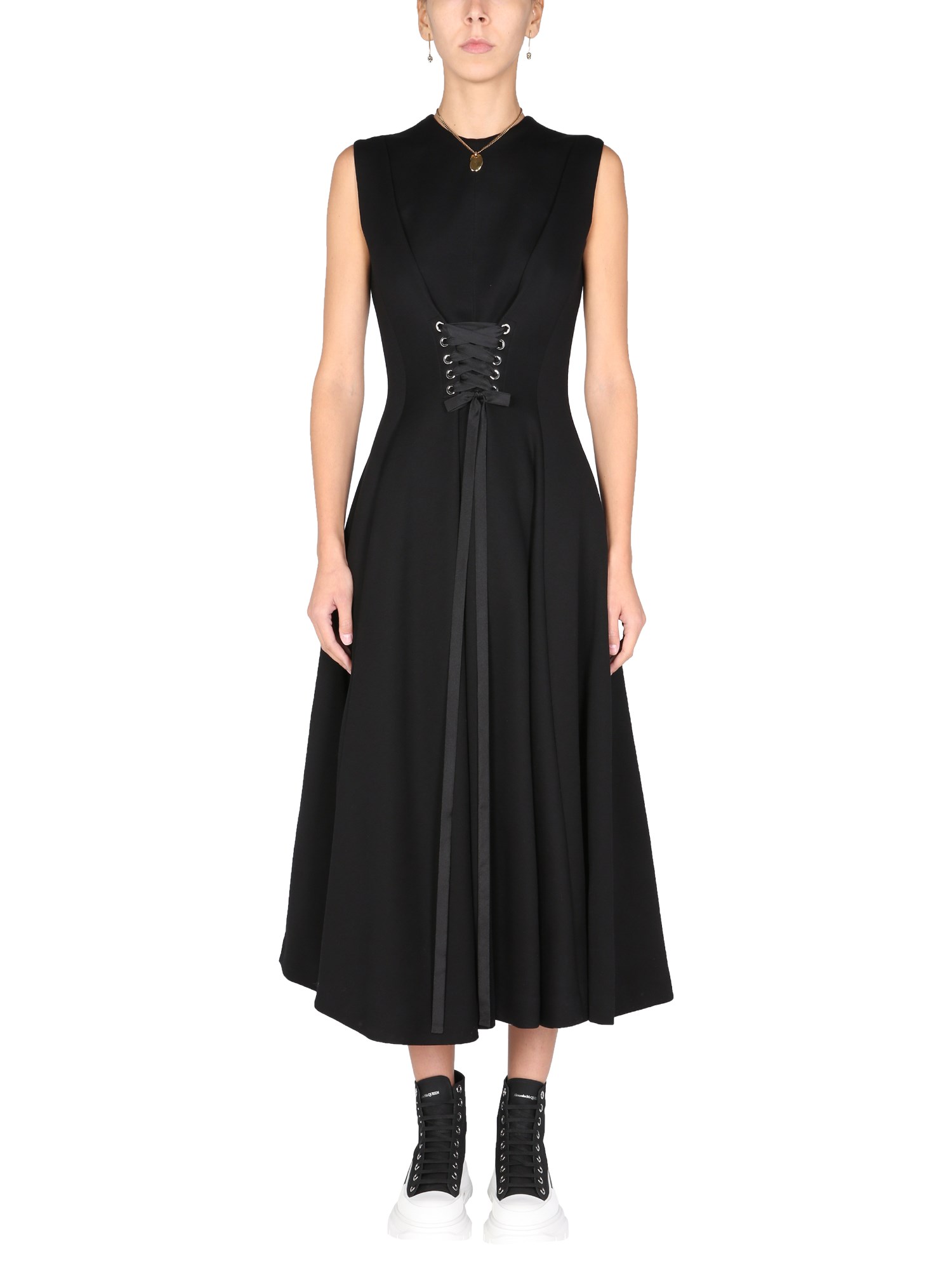 alexander mcqueen midi dress with metal eyelets