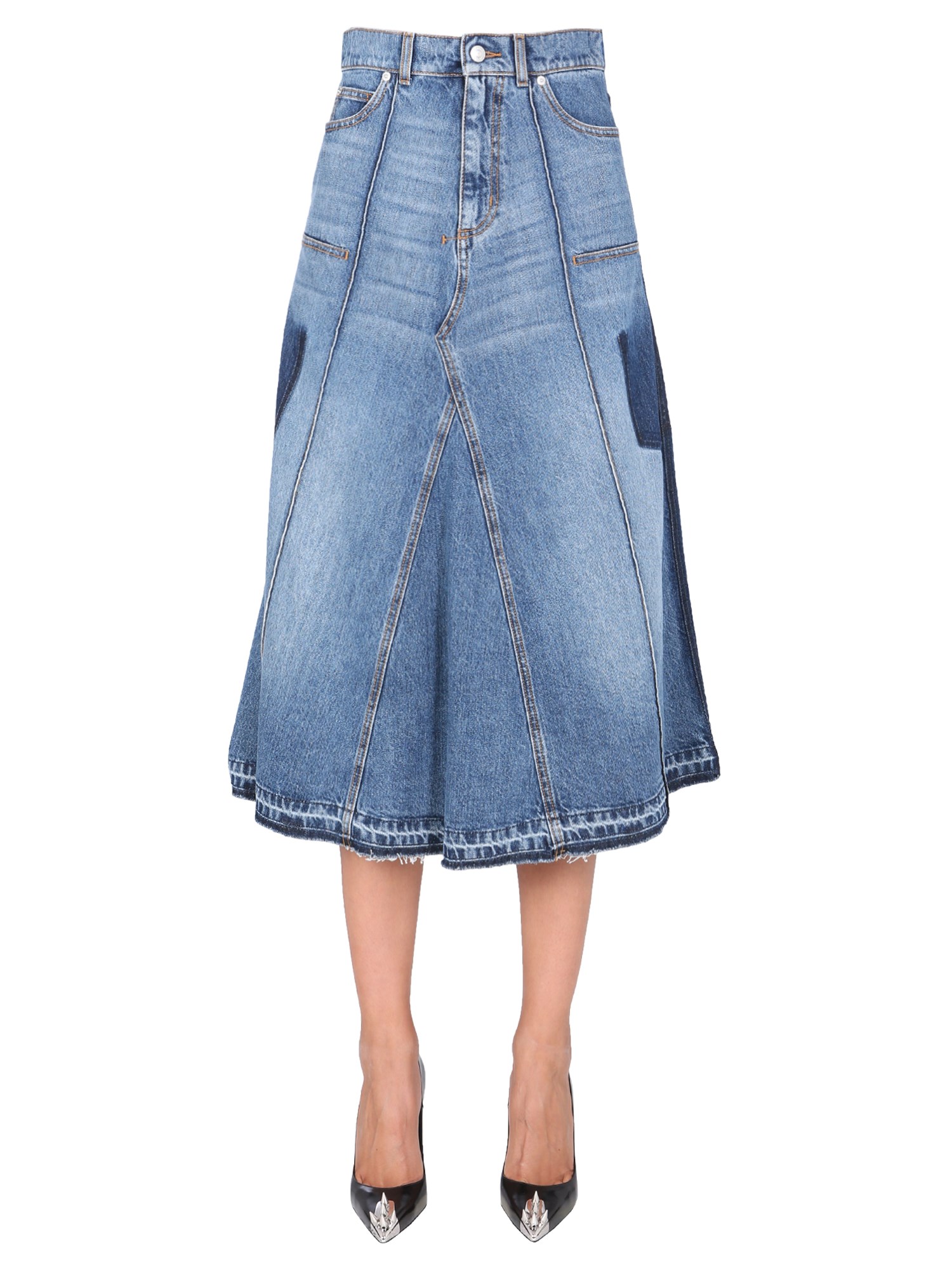 alexander mcqueen denim flared skirt