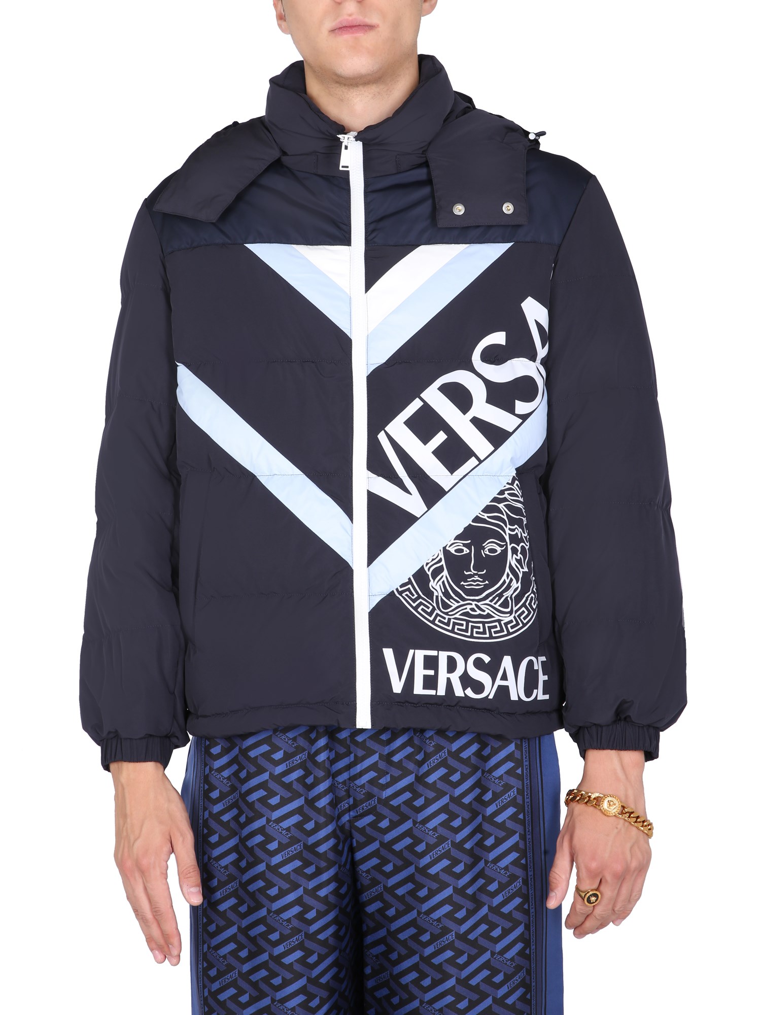 versace down jacket with logo print