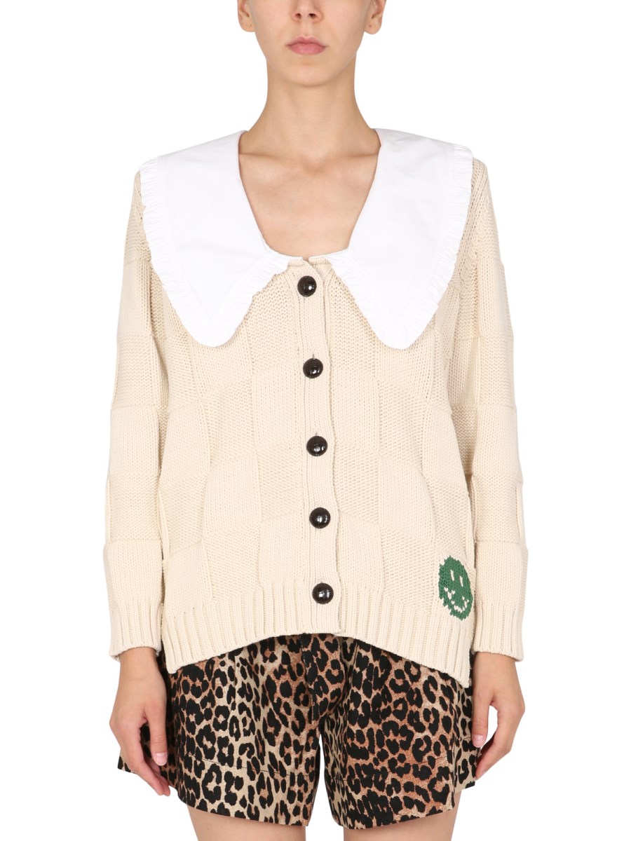 GANNI BIG KNIT CARDIGAN WITH POPLIN COLLAR AND SMILEY EMBROIDERED Eleonora Bonucci