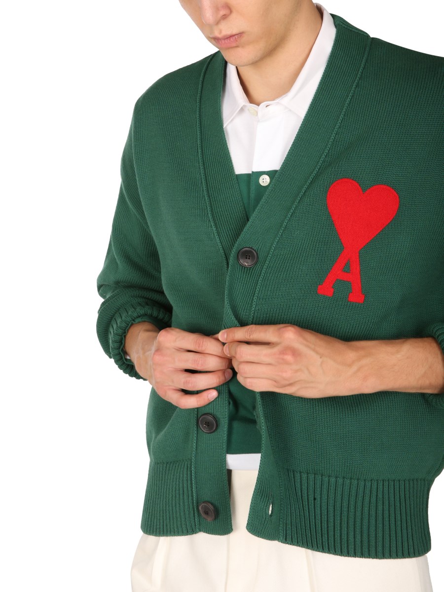 AMI PARIS - COTTON BLEND V-NECK CARDIGAN WITH EMBROIDERED HEART
