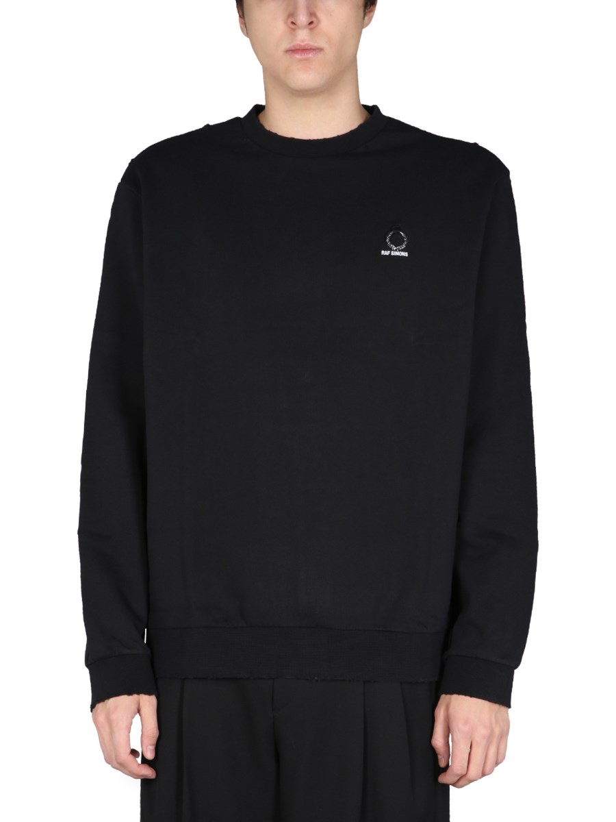 FRED PERRY X RAF SIMONS - DESTROYED EFFECT COTTON CREWNECK SWEATSHIRT ...