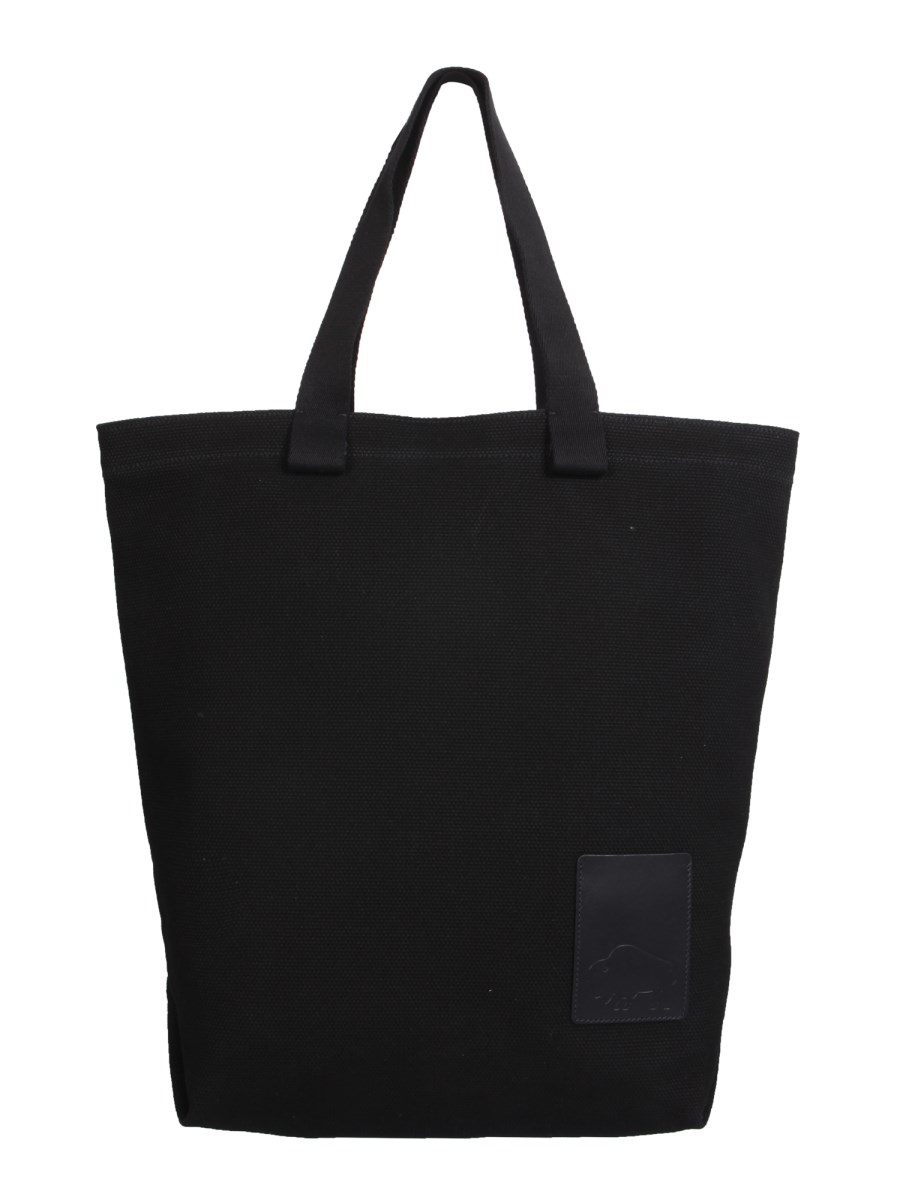 IL BISONTE - CANVAS SHOPPING BAG WITH LEATHER LOGO PATCH