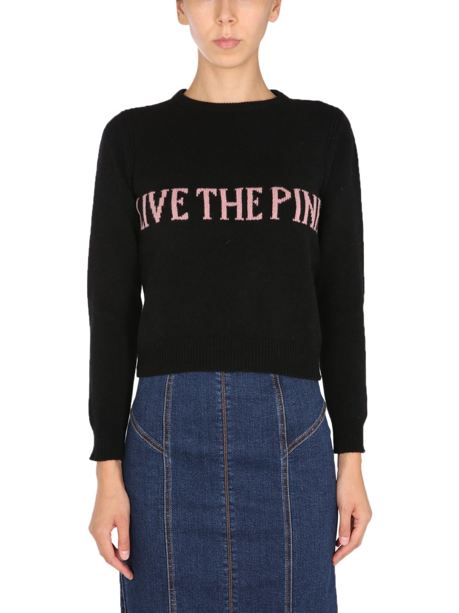 ALBERTA FERRETTI MAGLIA GIROCOLLO IN ECO CASHMERE E INTARSIO "LIVE THE PINK"