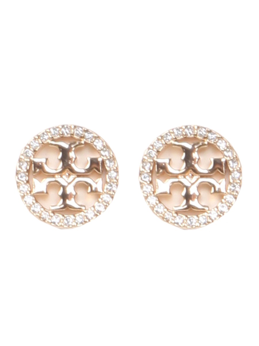 TORY BURCH - CIRCLE-STUD CRYSTAL LOGO BRASS EARRINGS - Eleonora Bonucci