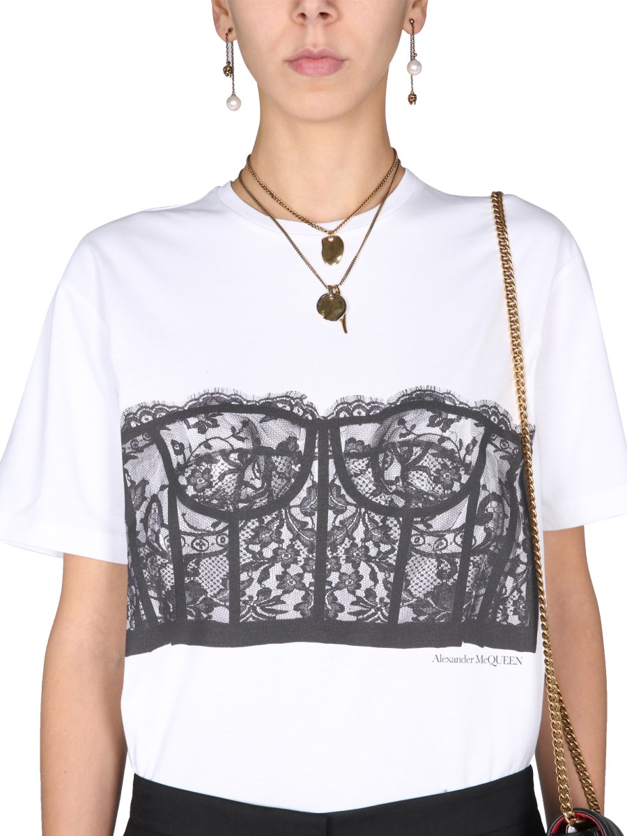 関税込★Alexander mcqueen★LACE CORSET SHORT SLEEVE T SHIRT Alexander McQueen Black Lace Corset T-Shirt Alexander McQueen