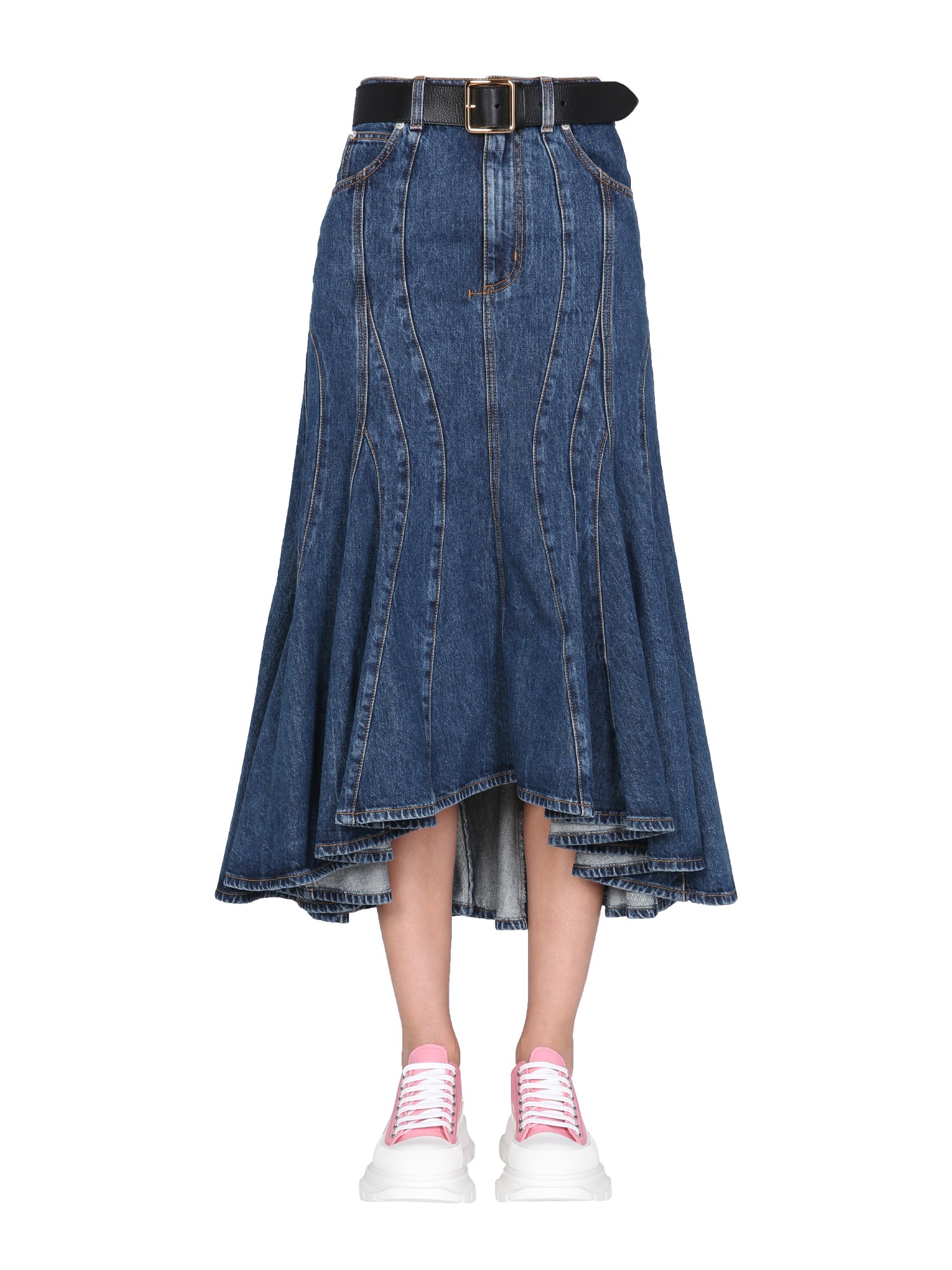 alexander mcqueen denim midi skirt