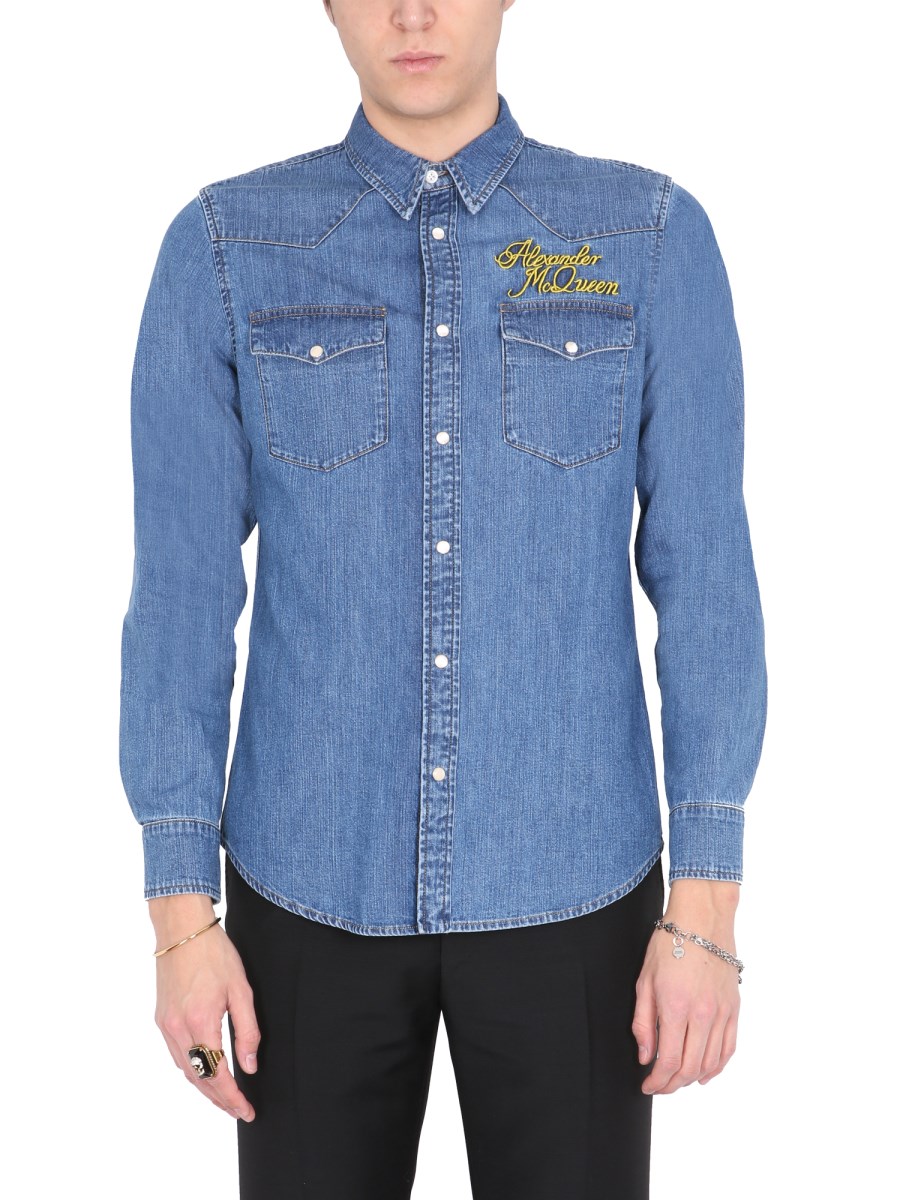 ALEXANDER McQUEEN CAMICIA IN DENIM DI COTONE CON LOGO RICAMATO