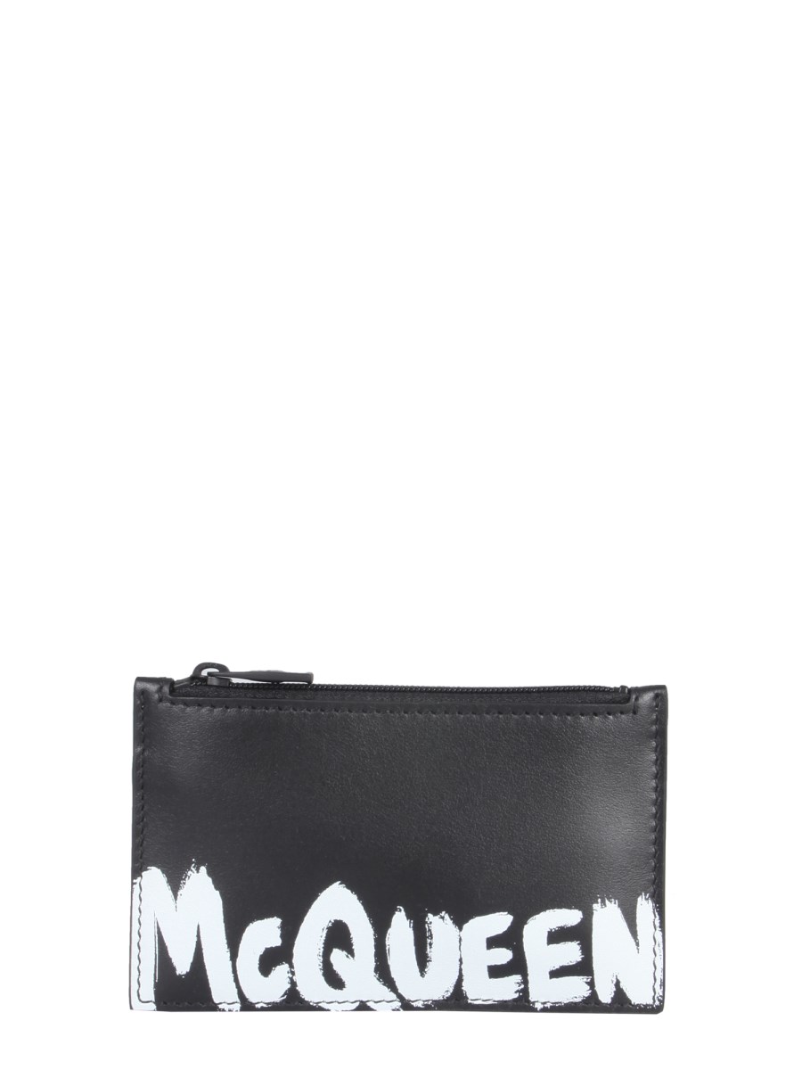 ALEXANDER McQUEEN PORTACARTE IN PELLE CON ZIP E LOGO GRAFFITI