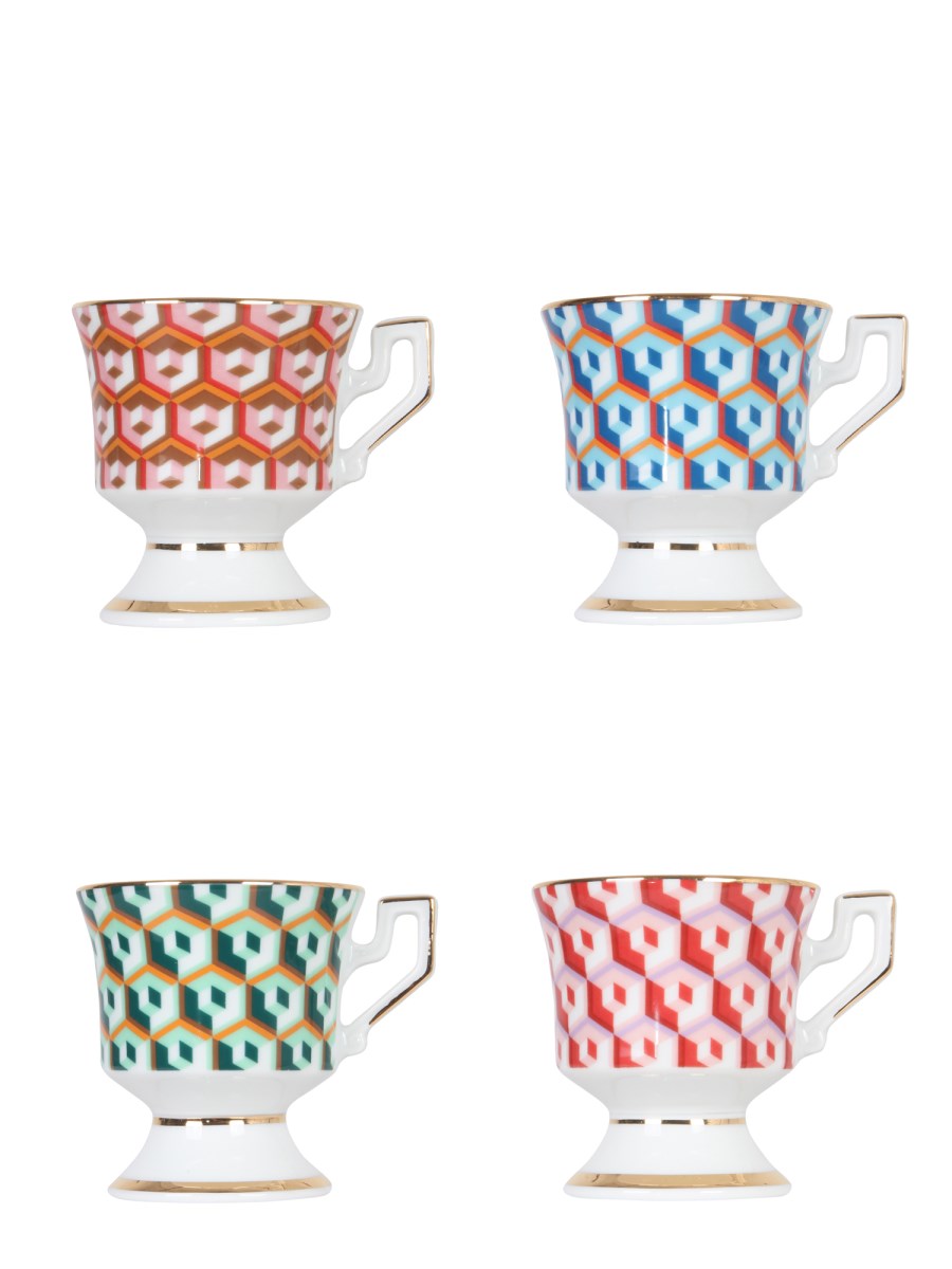 LA DOUBLEJ - SET OF FOUR ESPRESSO CUP WITH SAUCER PRINT CUBES MIX -  Eleonora Bonucci