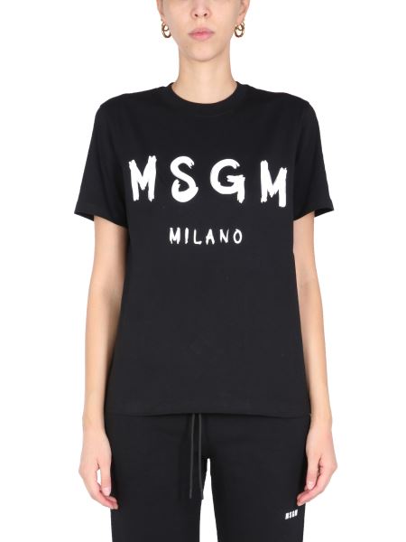Msgm - Crew Neck Cotton Jersey T-shirt With Brushed Logo Print