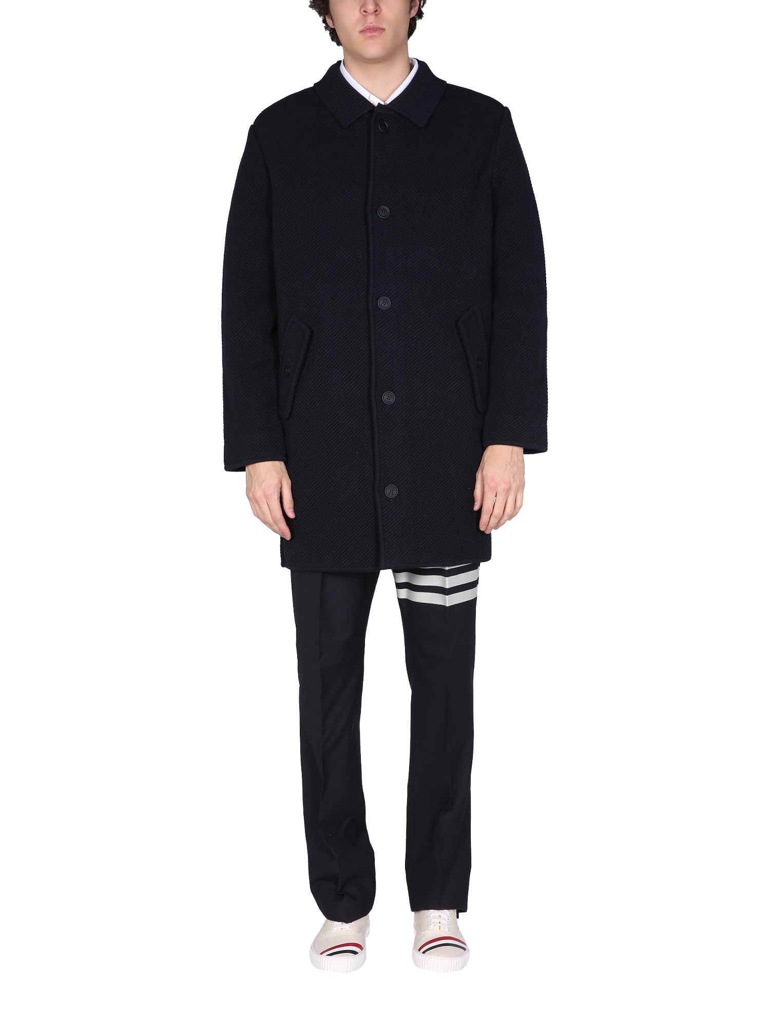thom browne coat with rwb stripe inlay